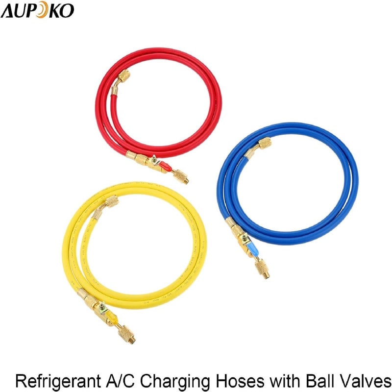 Aupoko Refrigerant A/C Charging Hoses with Ball Valves, 3-Color 60" R410A HVAC 1/4" SAE 800 PSI Working Pressure, Fit for R134A R12 R22 R502 R404 Coolant Adding and Air Condition Maintenance - Image 2